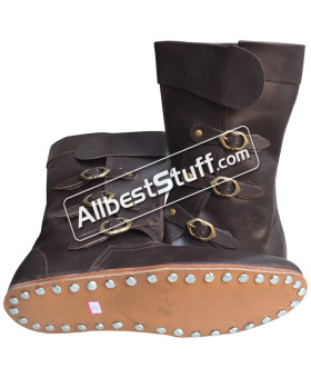 Medieval Leather Boots Long 3 Buckle Hobnail Leather Sole