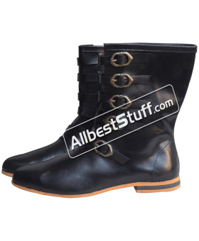 Medieval Long Shoe 5 Brass Buckle Rubber Sole Leather Boots